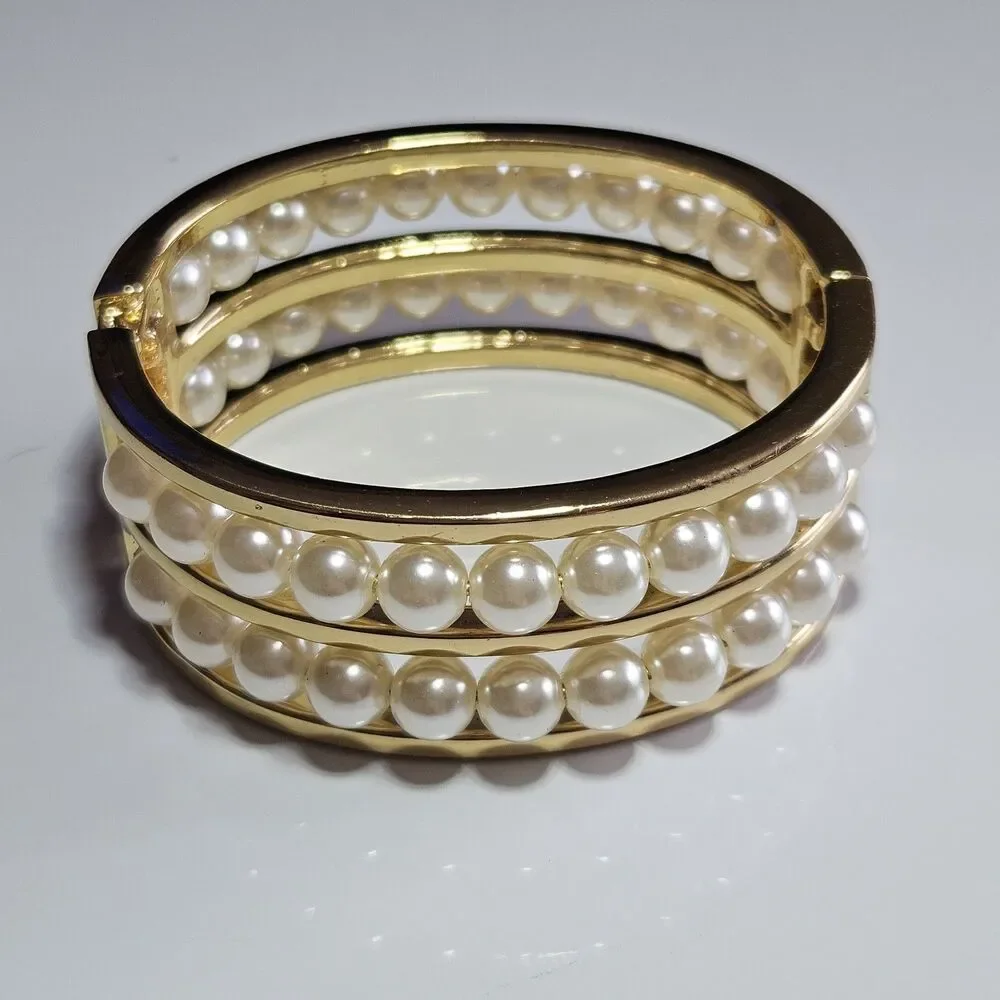 Gold Tone Cream Faux Pearl Double Layer Hinged Bangle Bracelet Approx 6.75